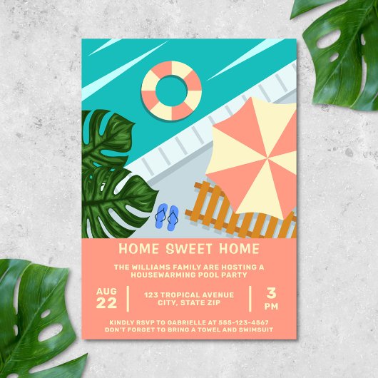 引っ越し祝いパーティープールパーティートロピカルプールシーン 招待状