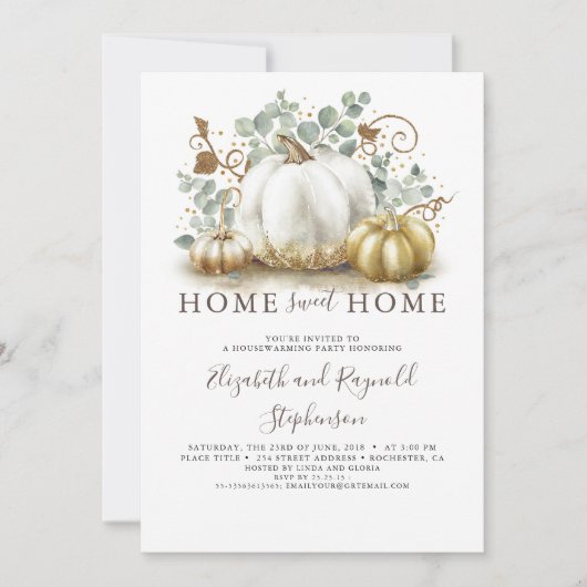 引っ越し祝いパーティーホームスイーツ秋ホワイトパンプキン 招待状 (正面)