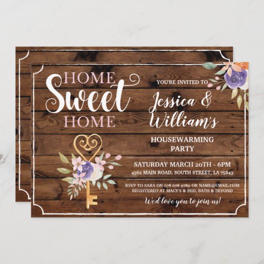 引っ越し祝いパーティーホームスイートホーム鍵フラワーズウッド 招待状 (正面/裏面)