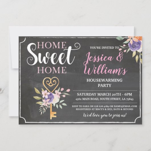 引っ越し祝いパーティーホームスイートホーム鍵フラワーズチョーク 招待状 (正面)