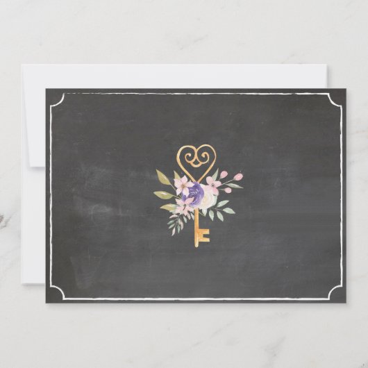 引っ越し祝いパーティーホームスイートホーム鍵フラワーズチョーク 招待状 (裏面)