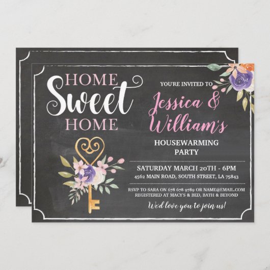 引っ越し祝いパーティーホームスイートホーム鍵フラワーズチョーク 招待状 (正面/裏面)