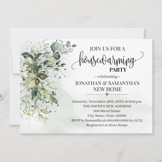 引っ越し祝いパーティーユーカリグリーナリーダスト水彩 招待状 (正面)