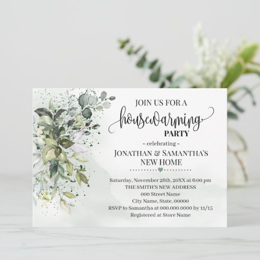 引っ越し祝いパーティーユーカリグリーナリーダスト水彩 招待状 (スタンド正面)