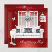 引っ越し祝いパーティーレッドホワイトシャンパンシャンデリア 招待状 (正面/裏面)