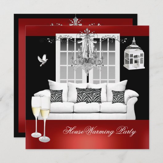 引っ越し祝いパーティーレッドホワイトブラックシャンデリア 招待状 (正面/裏面)