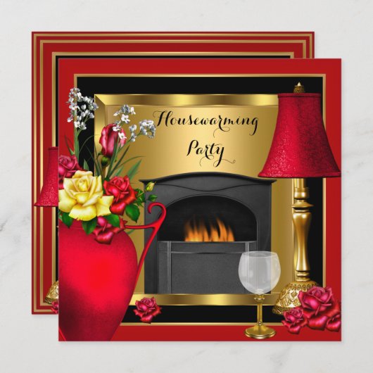 引っ越し祝いパーティーレッド金ゴールドバラデコールワイングラス 招待状 (正面/裏面)