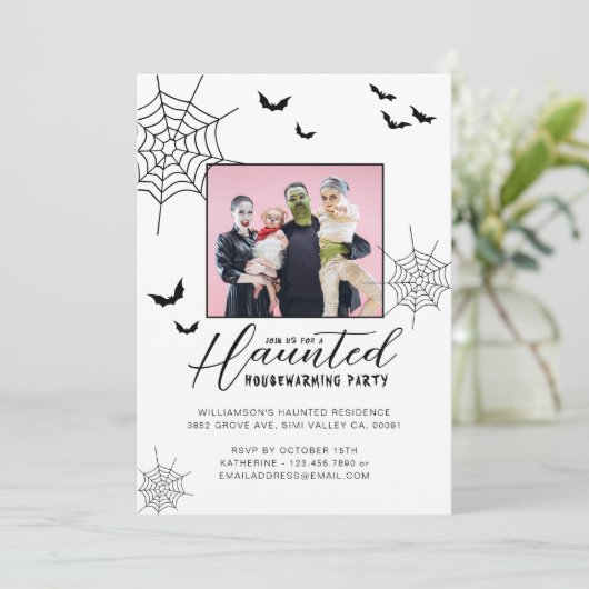 引っ越し祝いパーティー幽霊のよく出るパーティースパイダーウェブ&こうもり写真 招待状 (スタンド正面)