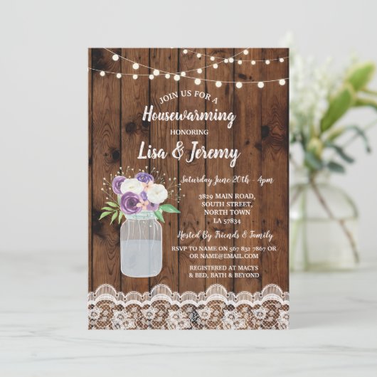 引っ越し祝いパーティー招待状ウッ素朴ドレースフローラジャー 招待状 (スタンド正面)