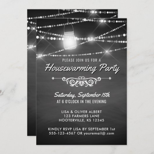 引っ越し祝いパーティー素朴パーティーの黒板灯 招待状 (正面/裏面)
