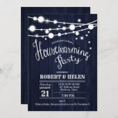 引っ越し祝いパーティー素朴パーティー – ネイビーブルーウッド 招待状 (正面/裏面)