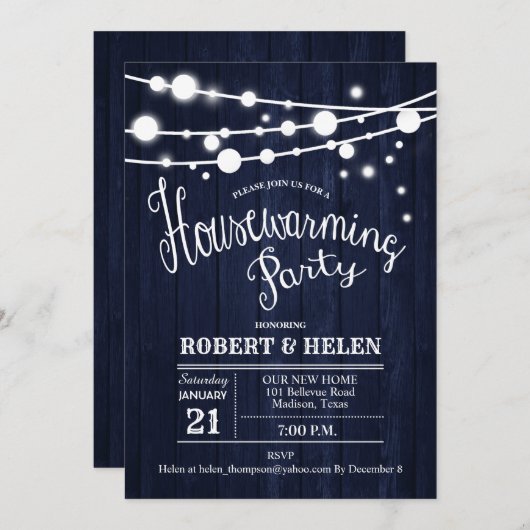 引っ越し祝いパーティー素朴パーティー – ネイビーブルーウッド 招待状 (正面/裏面)