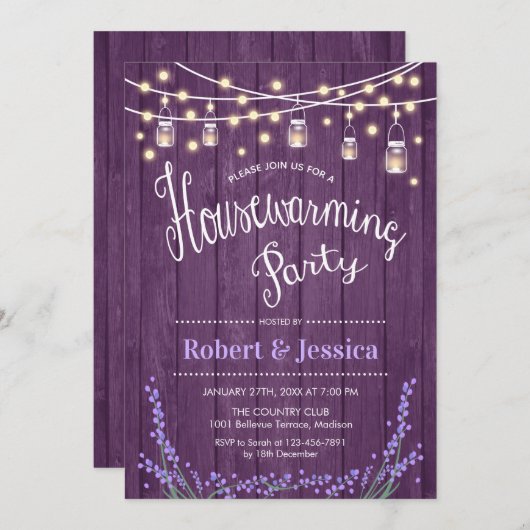 引っ越し祝いパーティー素朴パーティー – ラベンダーパープルウッド 招待状 (正面/裏面)