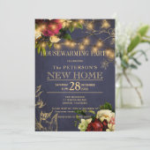 引っ越し祝いパーティー金ゴールドライト冬フローラ海軍 招待状 (スタンド正面)