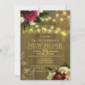 引っ越し祝いパーティー金ゴールドライト木材フローラ秋bbq 招待状 (正面)