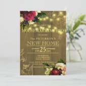 引っ越し祝いパーティー金ゴールドライト木材フローラ秋bbq 招待状 (スタンド正面)