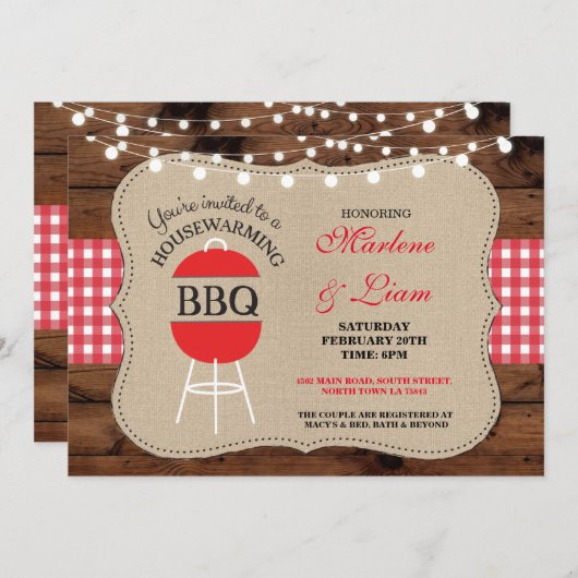 引っ越し祝いパーティーBBQの赤く素朴で新しい家の招待状 招待状 (正面/裏面)
