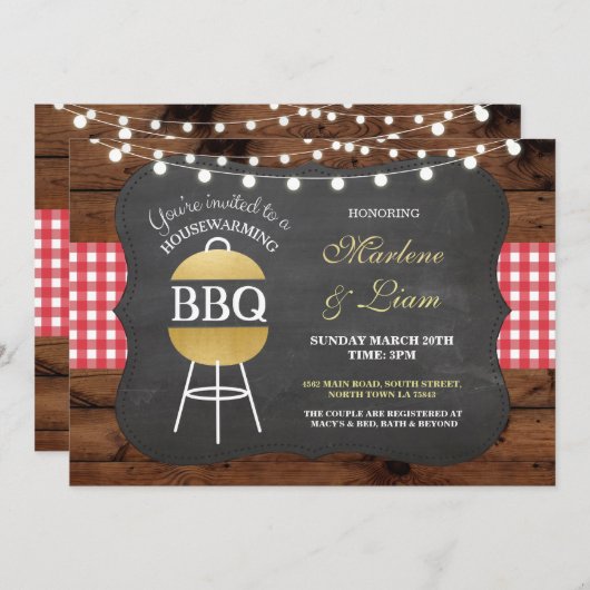 引っ越し祝いパーティーBBQの金ゴールドの素朴で新しい家の招待状 招待状 (正面/裏面)