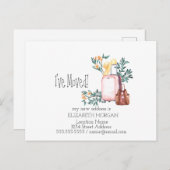 引っ越し、スーツケース、花の新しい住所 案内ポストカード (正面/裏面)