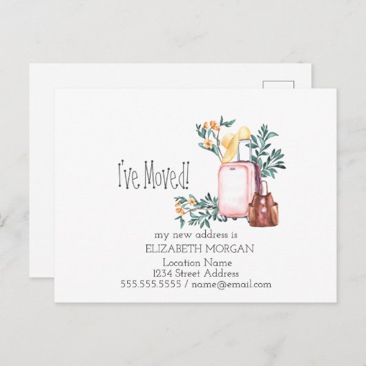 引っ越し、スーツケース、花の新しい住所 案内ポストカード (正面/裏面)