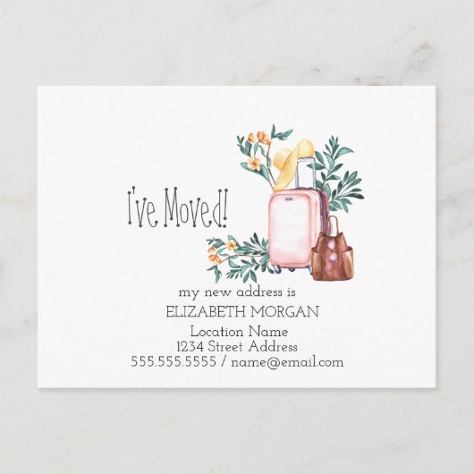 引っ越し、スーツケース、花の新しい住所 案内ポストカード (正面)