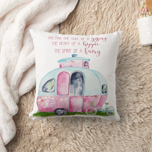 引用文のピンクおよび白いレトロのヴィンテージのキャンピングカー クッション (ブランケット)