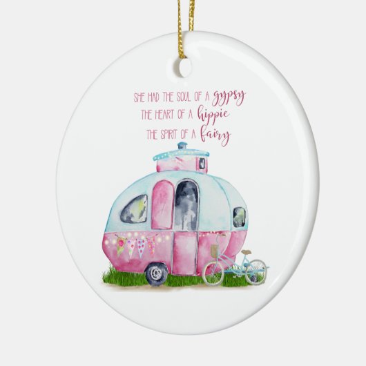 引用文のピンクおよび白いレトロのヴィンテージのキャンピングカー セラミックオーナメント (左)