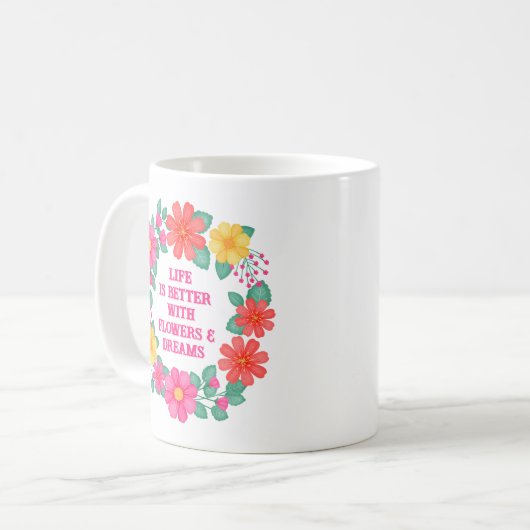 引用文やる気を起こさせるフローラインスピレーションピンクオレンジ コーヒーマグカップ (正面左)