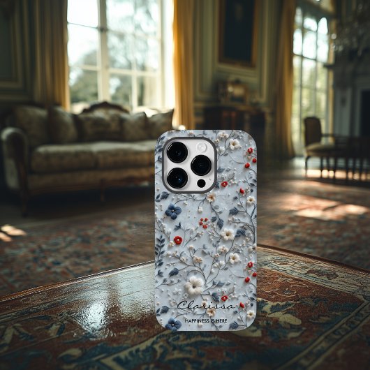 引用文カスタム付き青と赤の刺繍フローラ Case-Mate iPhoneケース