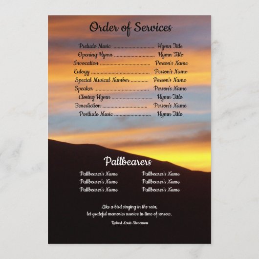 引用文フォトオレンジ色の夕焼け背景葬儀 プログラム (裏面)