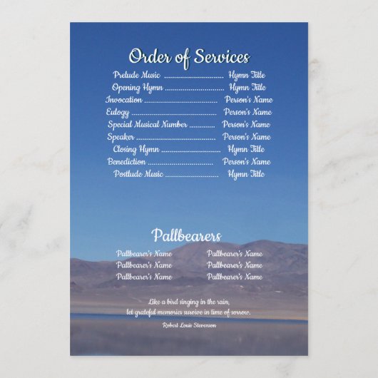 引用文フォトレイクと山の背景葬儀 プログラム (裏面)