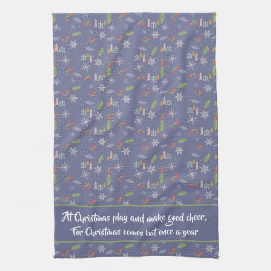 引用文メリークリスマスの手描きツリー雪 キッチンタオル (縦)