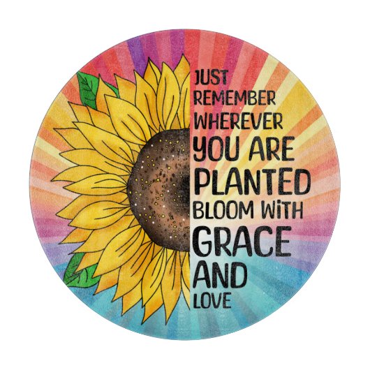 引用文感動的と手描きヒマワリ カッティングボード (正面)