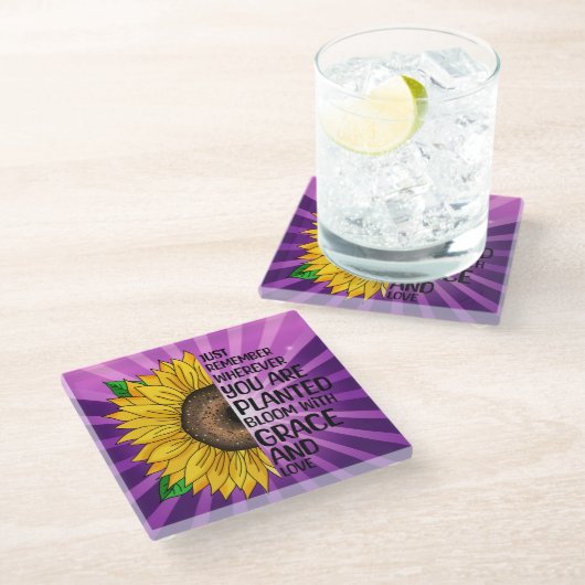 引用文感動的と手描きヒマワリ ガラスコースター (アングル)