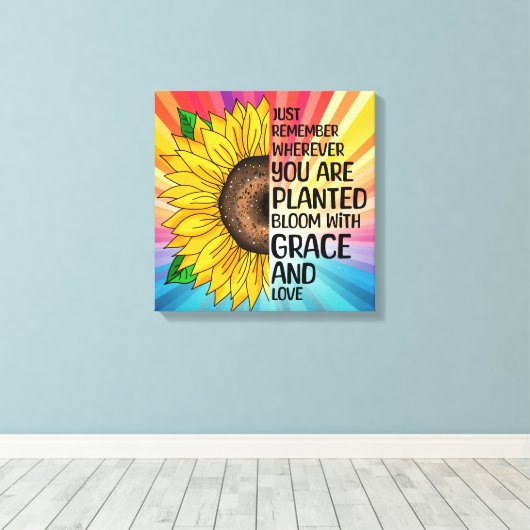 引用文感動的と手描きヒマワリ キャンバスプリント (インサイチュ (ウッドフロア))