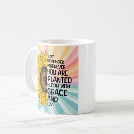 引用文感動的と手描きヒマワリ コーヒーマグカップ (正面左)