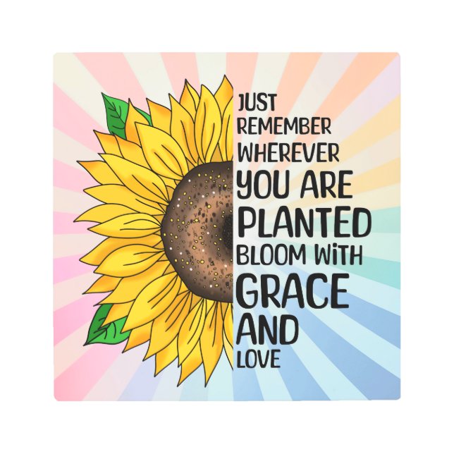 引用文感動的と手描きヒマワリ メタルプリント (正面)