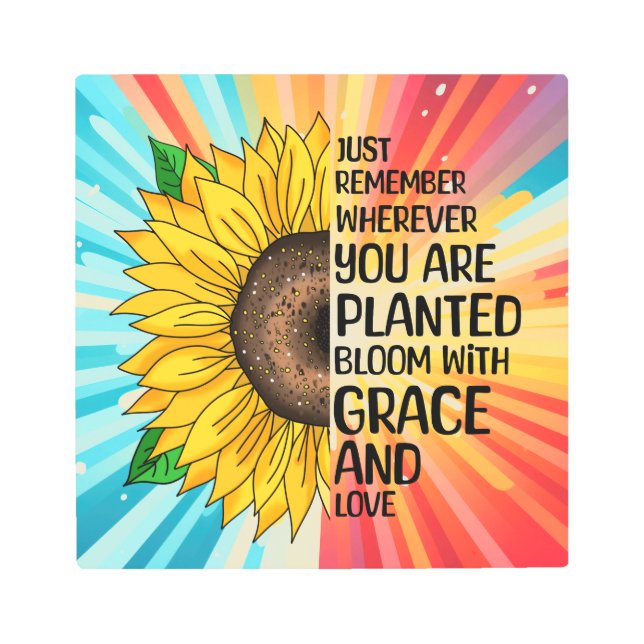 引用文感動的と手描きヒマワリ メタルプリント (正面)