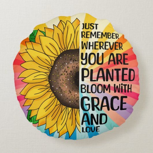 引用文感動的と手描きヒマワリ ラウンドクッション (裏面)