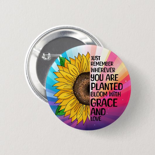 引用文感動的と手描きヒマワリ 缶バッジ (正面&裏面)