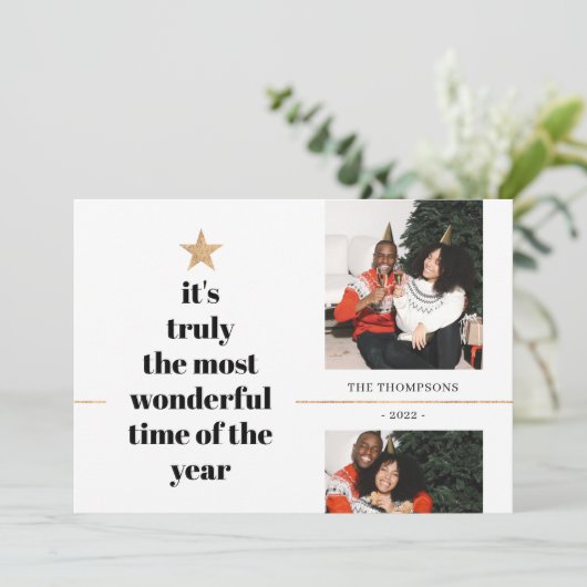 引用 家族の写真 ミニマル ゴールド グリッター ツリー シーズンカード (スタンド正面)