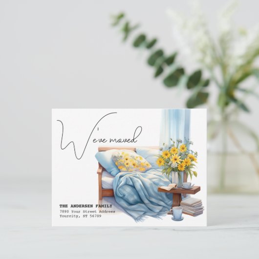 引越ししました 新住所 ソファ 水彩画 引っ越し 案内ポストカード (スタンド正面)