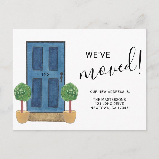 引越ししました 新住所 ブルーの水彩ドア 案内ポストカード (正面)