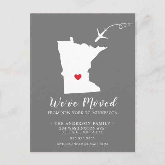 引越しのお知らせ州ミネソタのポストカード ポストカード (正面)
