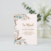 引越しのお知らせ 青茶色 花と葉 ポストカード (スタンド正面)