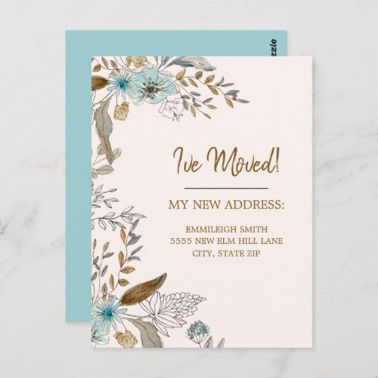 引越しのお知らせ 青茶色 花と葉 ポストカード (正面/裏面)