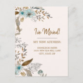 引越しのお知らせ 青茶色 花と葉 ポストカード (正面)