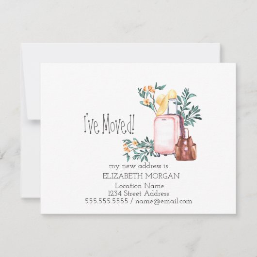 引越しました、スーツケース、花 新住所 案内状 (正面)