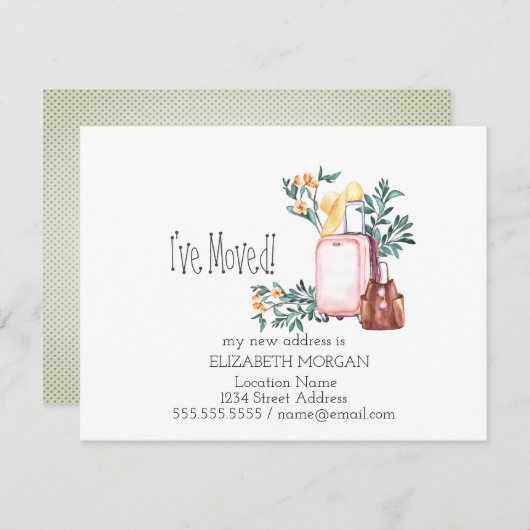 引越しました、スーツケース、花 新住所 案内状 (正面/裏面)