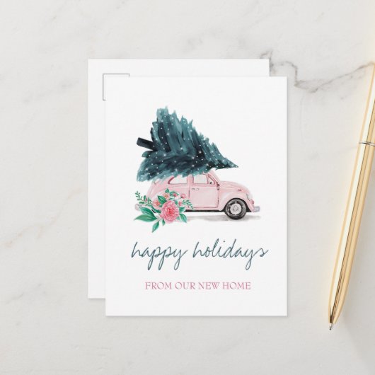 引越しました、ピンクの車、クリスマスツリー 案内ポストカード (正面/裏面インサイチュ)